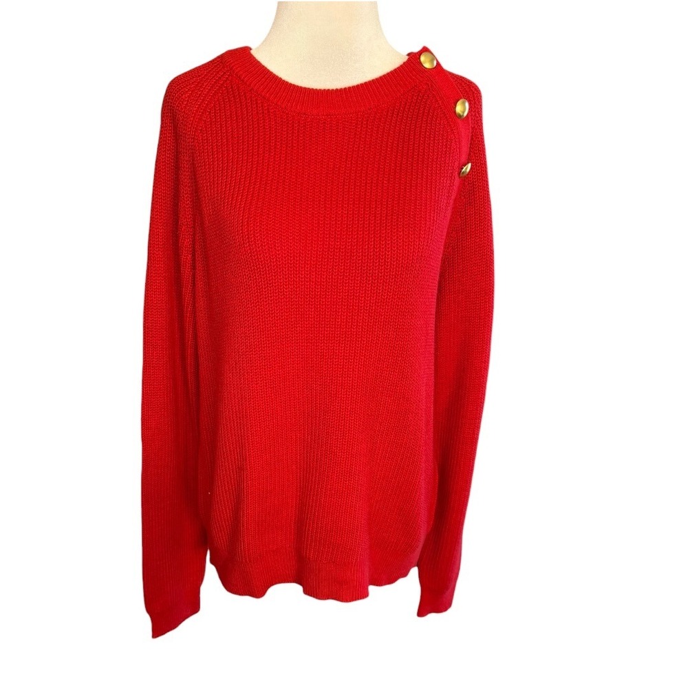 J. Crew Women's Classic Cardinal Red Button Raglan Crewneck‎ Sweater Medium NWT